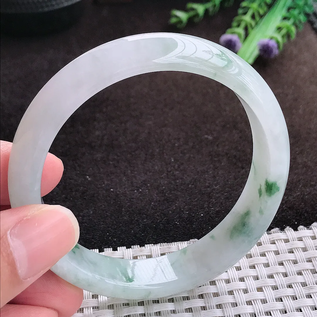 自然光58/13.8/7.4老坑冰胶水灵飘花手镯宽边翡翠玉镯手环