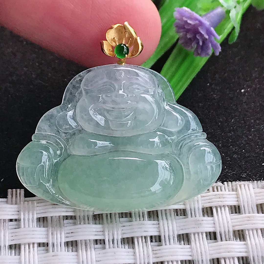 自然光22/30.6/4.7老坑18k金镶嵌冰胶果冻冰晴绿佛公吊坠翡翠玉坠挂件