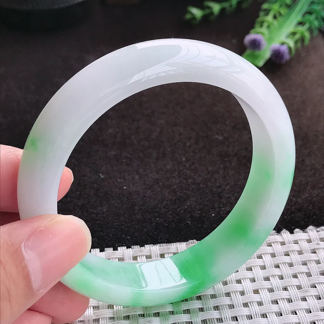 自然光57/14.2/8.5老坑冰润起胶白底青飘阳绿手镯宽边翡翠玉镯手环