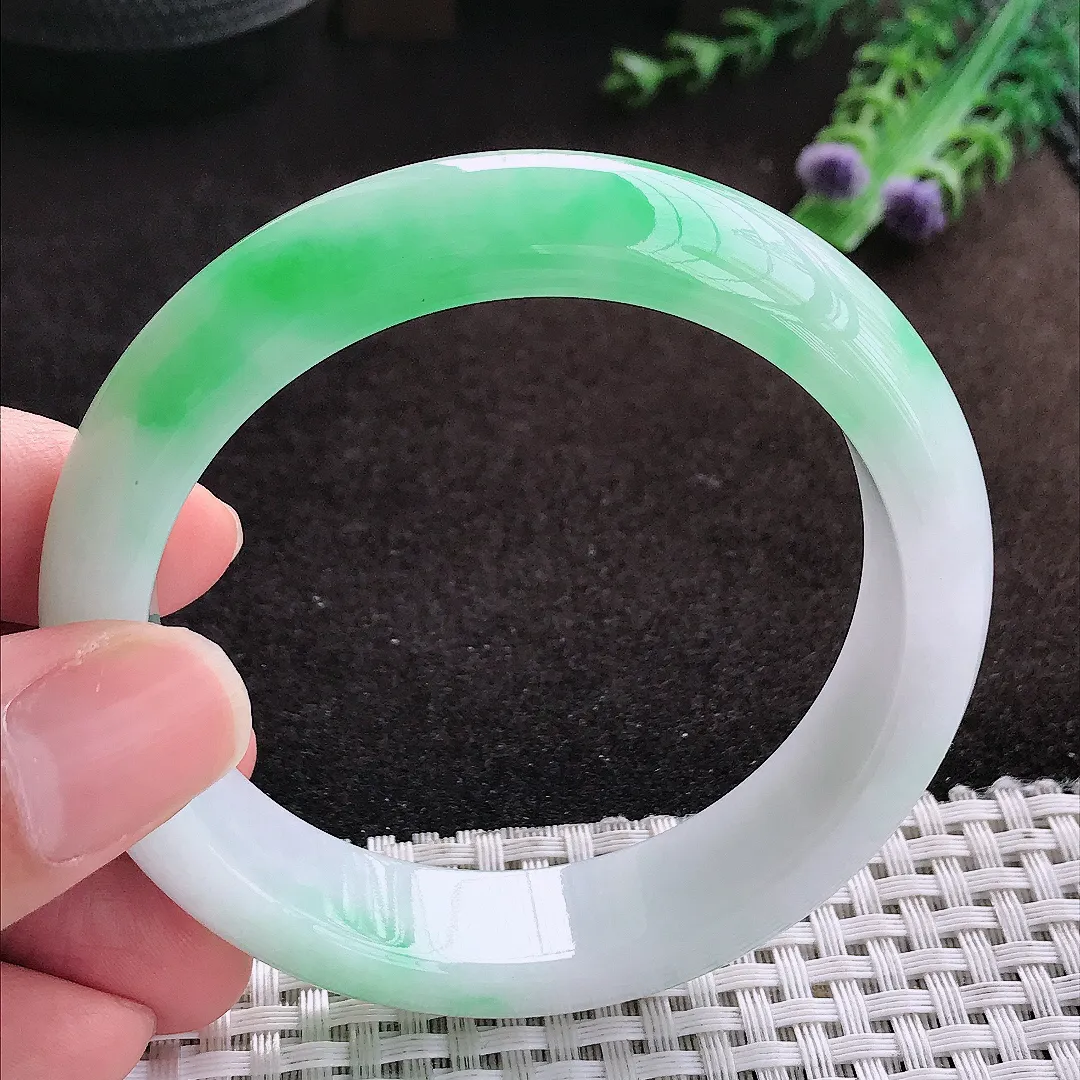 自然光57/14.2/8.5老坑冰润起胶白底青飘阳绿手镯宽边翡翠玉镯手环