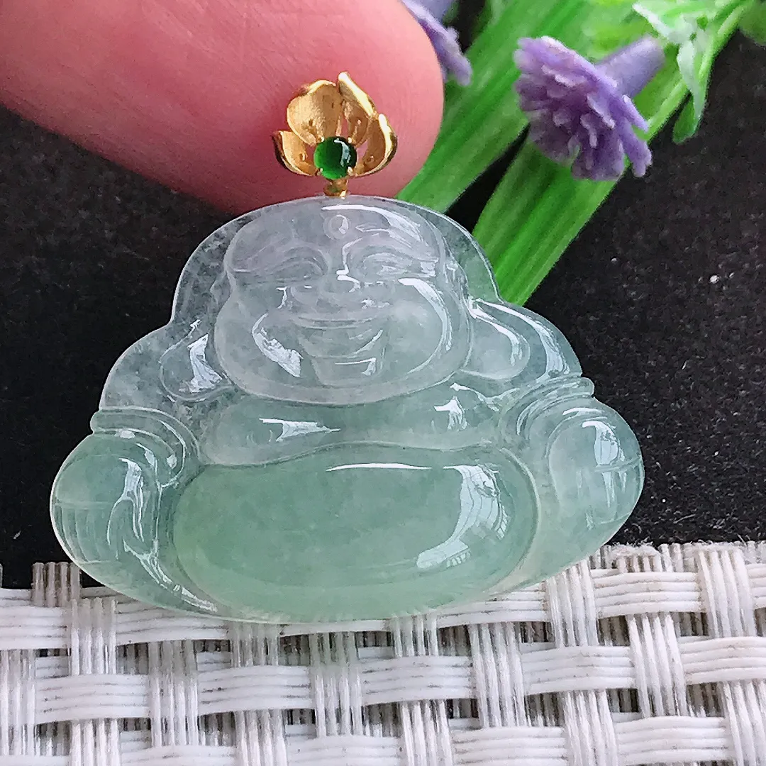 自然光22/30.6/4.7老坑18k金镶嵌冰胶果冻冰晴绿佛公吊坠翡翠玉坠挂件