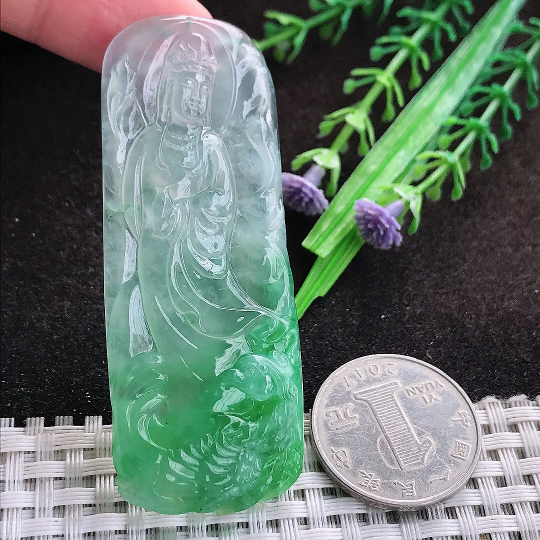 自然光69/26.6/7老坑冰种果冻飘阳绿赐福观音吊坠翡翠玉坠挂件