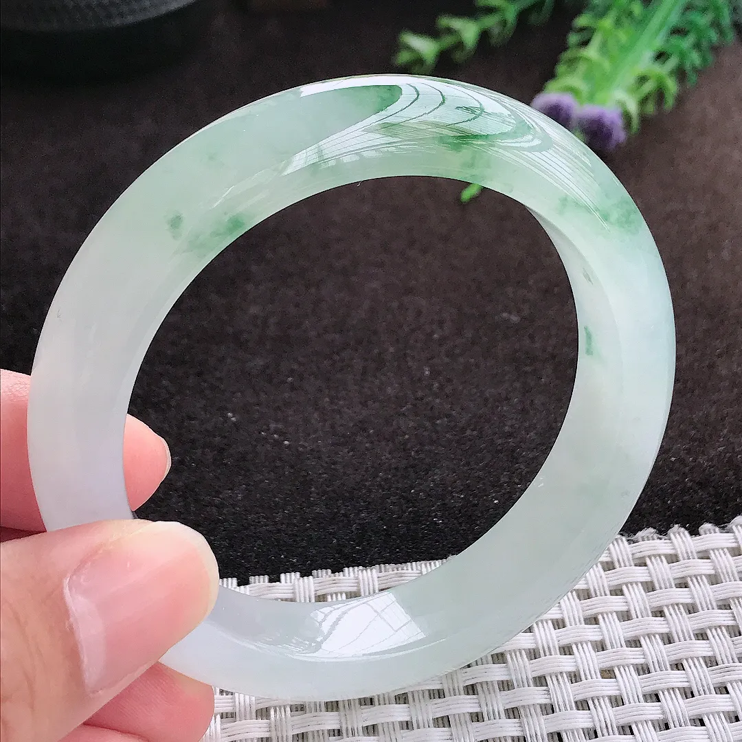 自然光55.5/12.5/9老坑冰胶果冻冰飘绿花手镯宽边翡翠玉镯手环