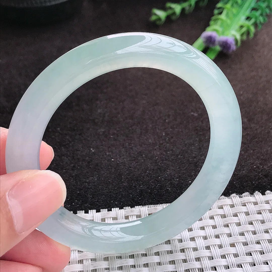 自然光53/9.3/9.5老坑冰种果冻胶冰晴圆条手镯宽边翡翠玉镯手环