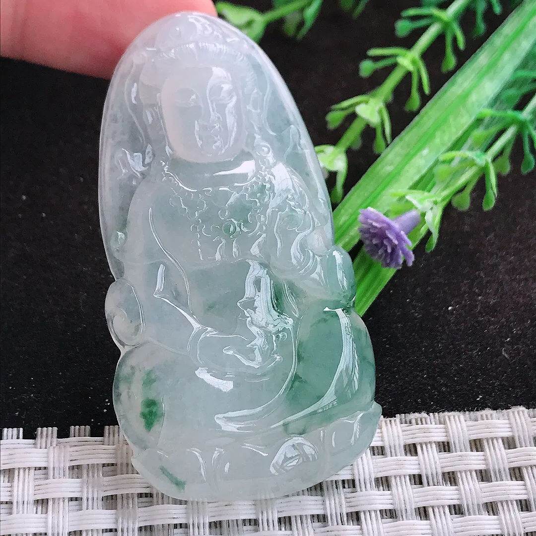 自然光61.8/32.5/7.5老坑冰胶果冻飘花观音菩萨吊坠翡翠玉坠挂件