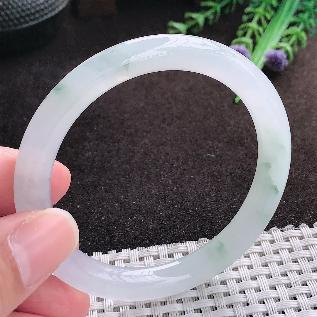 自然光54/8.2/8.3老坑冰透果冻胶飘花圆条手镯翡翠玉镯手环