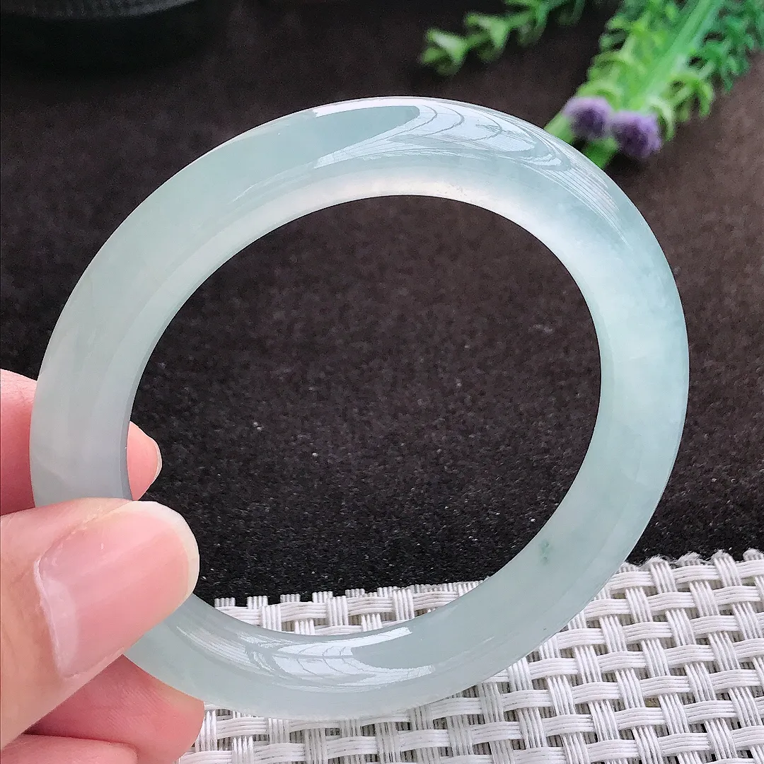 自然光53/9.3/9.5老坑冰种果冻胶冰晴圆条手镯宽边翡翠玉镯手环