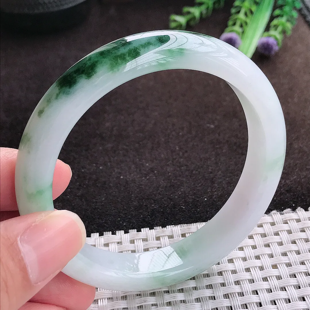 自然光58.5/12.9/8.3老坑精美温润飘花手镯宽边翡翠玉镯手环