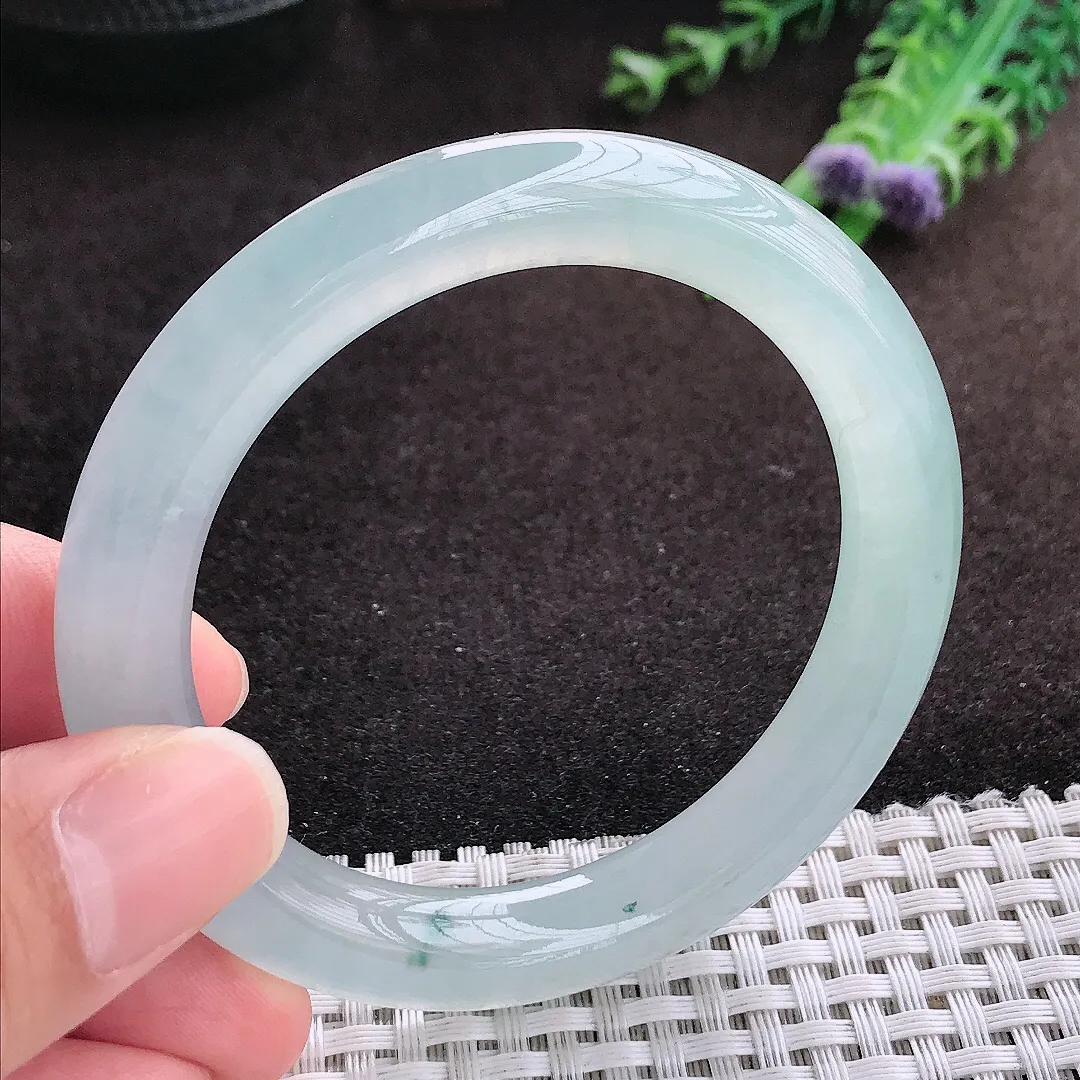 自然光53/9.3/9.5老坑冰种果冻胶冰晴圆条手镯宽边翡翠玉镯手环
