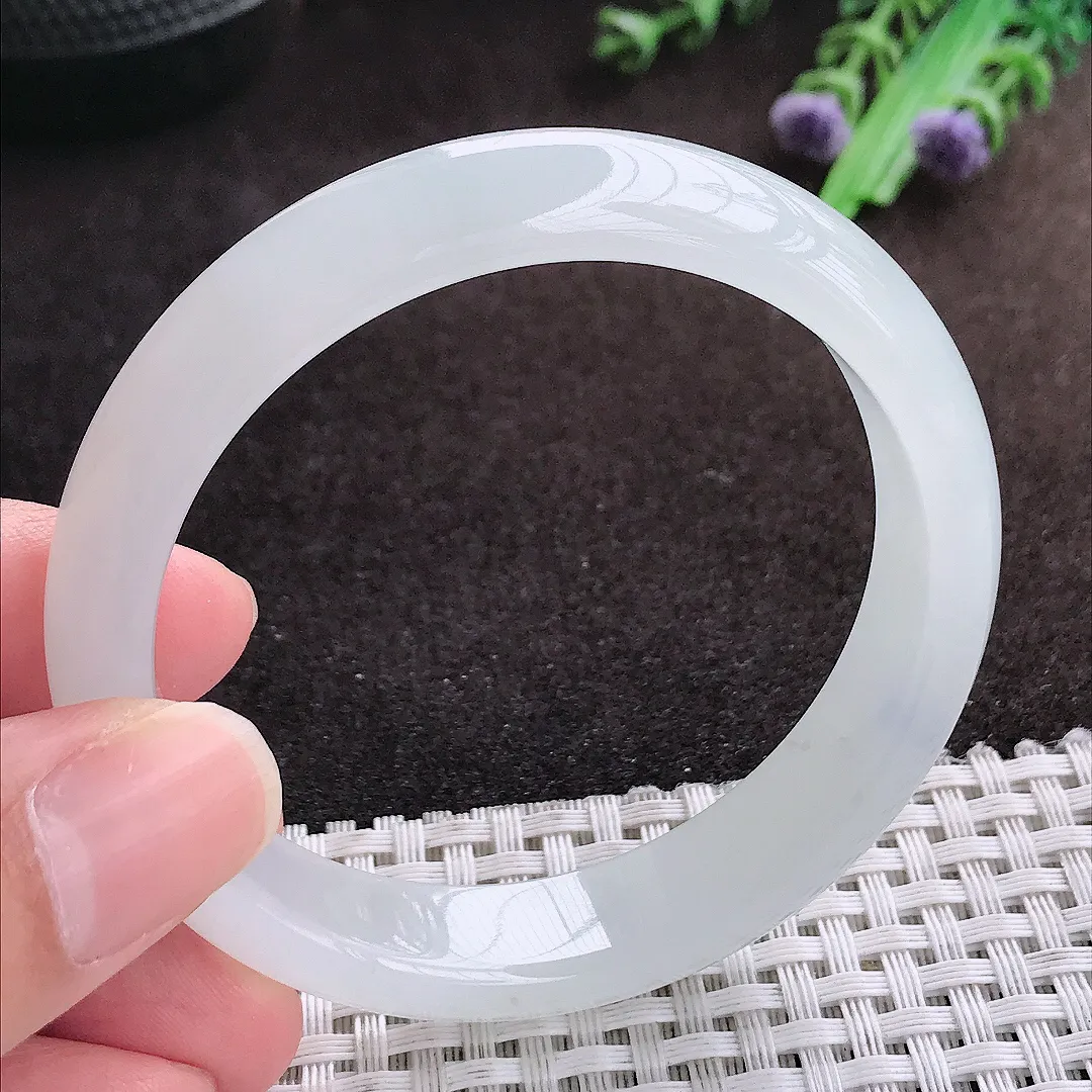 自然光54.8/12.4/7.1老坑冰透果冻胶月光白手镯宽边翡翠玉镯手环