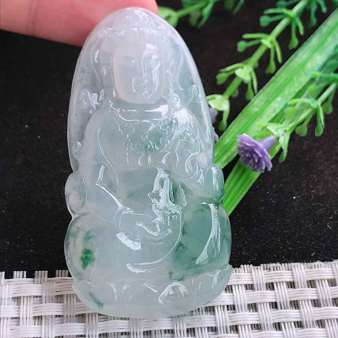 自然光61.8/32.5/7.5老坑冰胶果冻飘花观音菩萨吊坠翡翠玉坠挂件