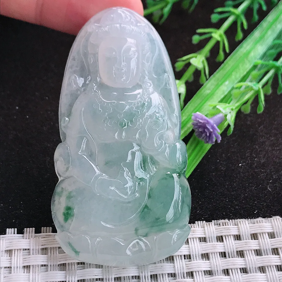 自然光61.8/32.5/7.5老坑冰胶果冻飘花观音菩萨吊坠翡翠玉坠挂件