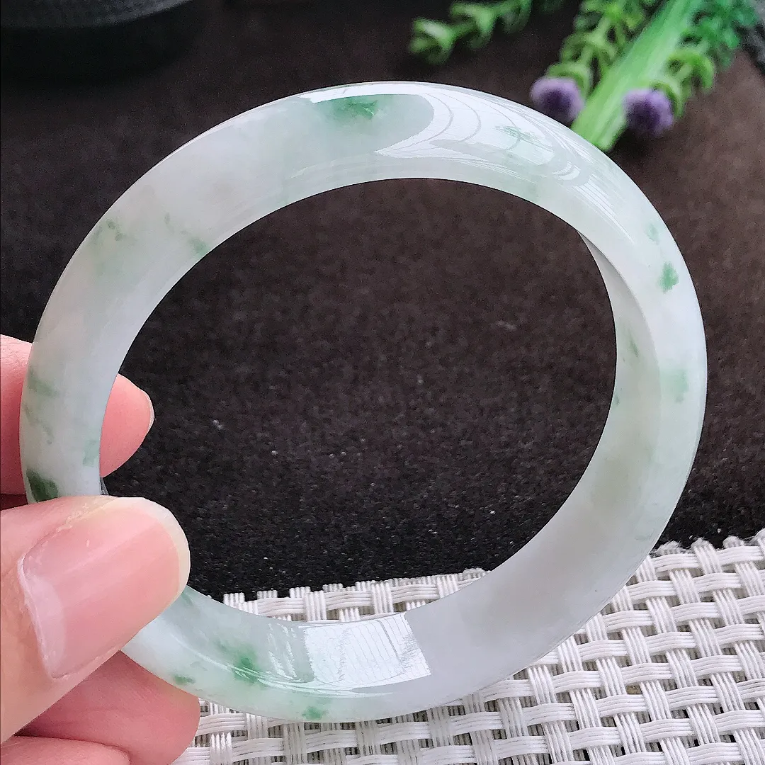 自然光58/13.8/7.4老坑冰胶水灵飘花手镯宽边翡翠玉镯手环