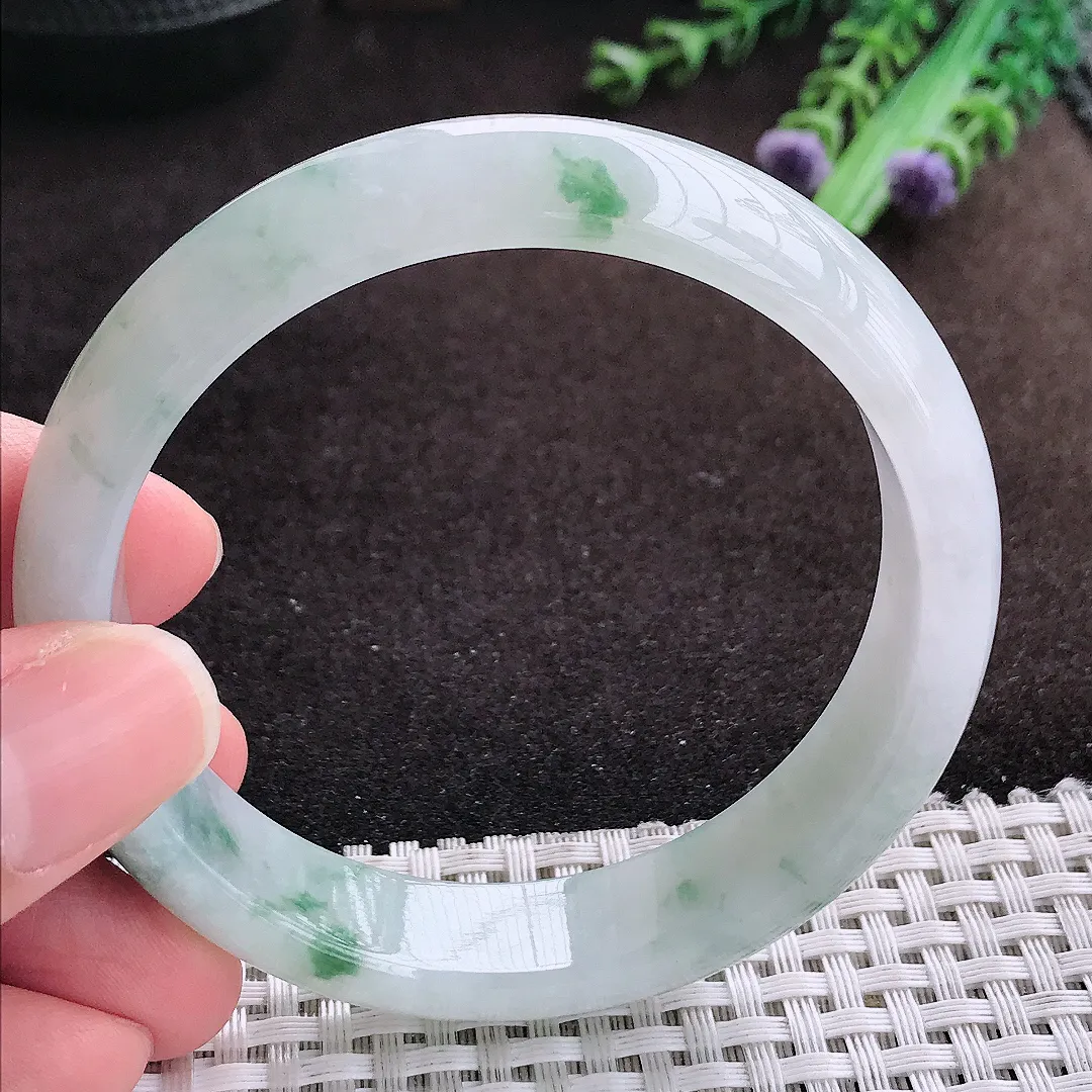 自然光58/13.8/7.4老坑冰胶水灵飘花手镯宽边翡翠玉镯手环