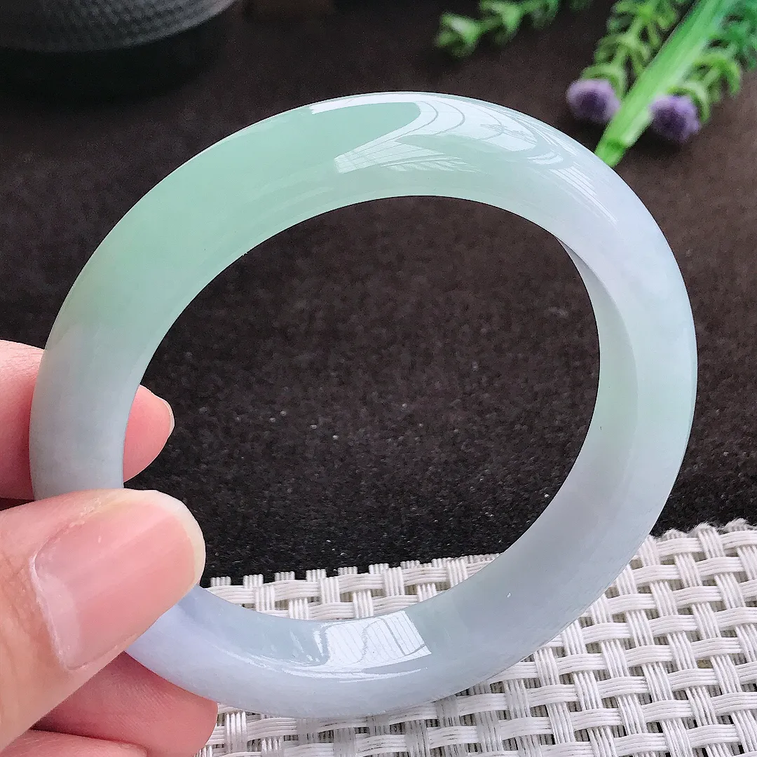 自然光55/11.8/8.6老坑精美冰胶春带彩手镯宽边翡翠玉镯手环