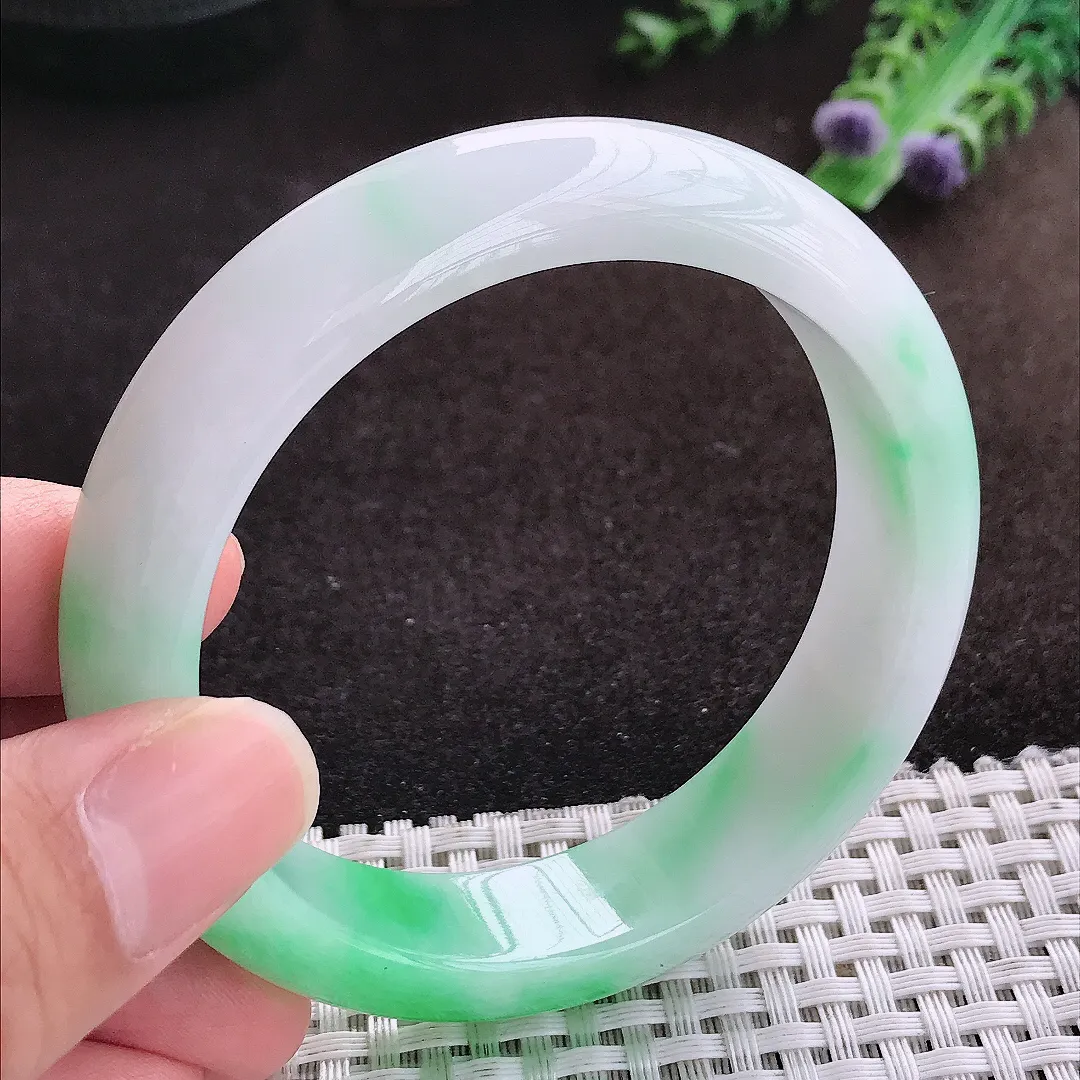 自然光57/14.2/8.5老坑冰润起胶白底青飘阳绿手镯宽边翡翠玉镯手环