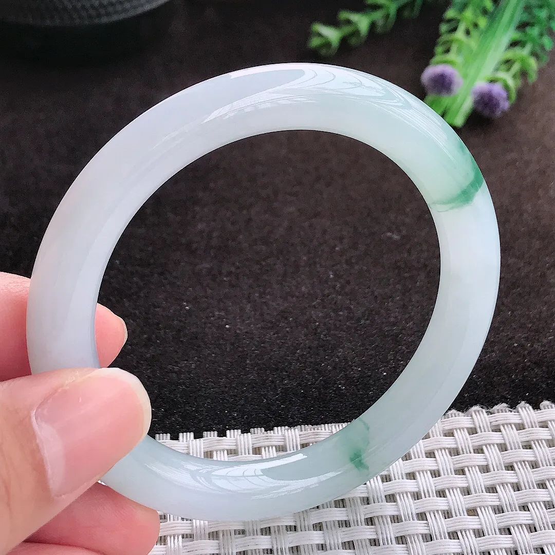 自然光54.5/9老坑冰胶果冻冰飘花圆条手镯翡翠玉镯手环