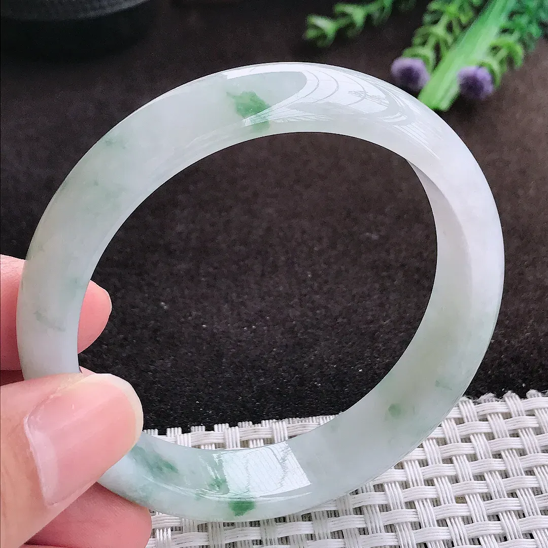 自然光58/13.8/7.4老坑冰胶水灵飘花手镯宽边翡翠玉镯手环