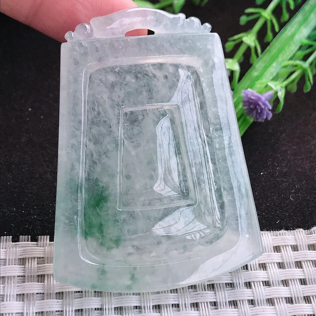 自然光61/45.7/6.5老坑冰种果冻胶飘花山水牌吊坠翡翠玉坠挂件