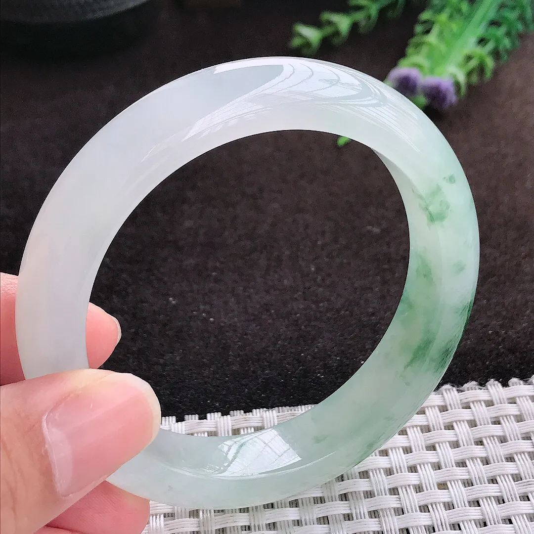 自然光55.5/12.5/9老坑冰胶果冻冰飘绿花手镯宽边翡翠玉镯手环