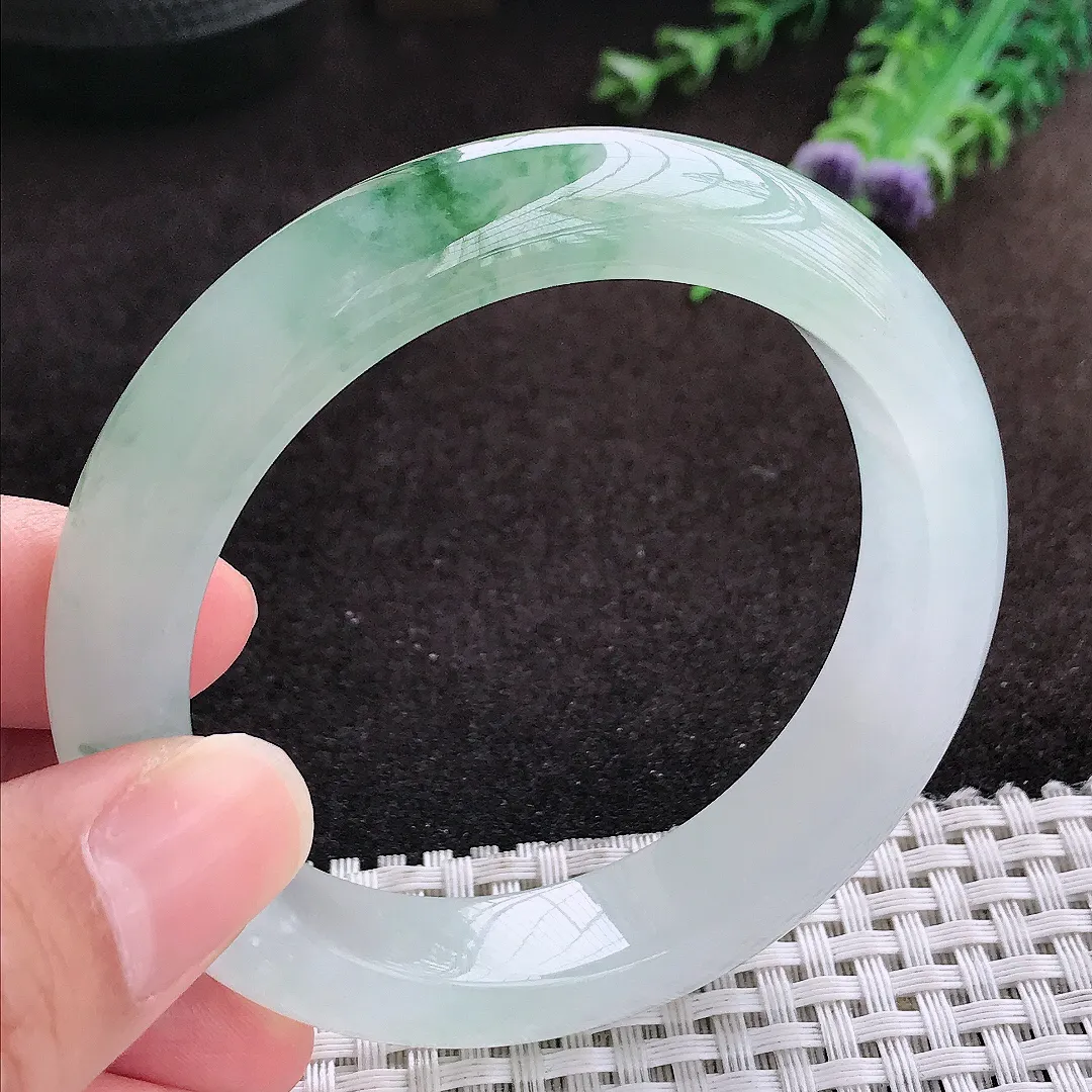 自然光55.5/12.5/9老坑冰胶果冻冰飘绿花手镯宽边翡翠玉镯手环