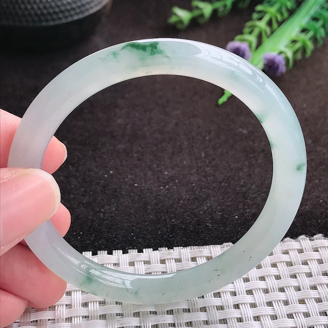 自然光53/6.8/7.5老坑冰透果冻胶冰飘花圆条手镯翡翠玉镯手环