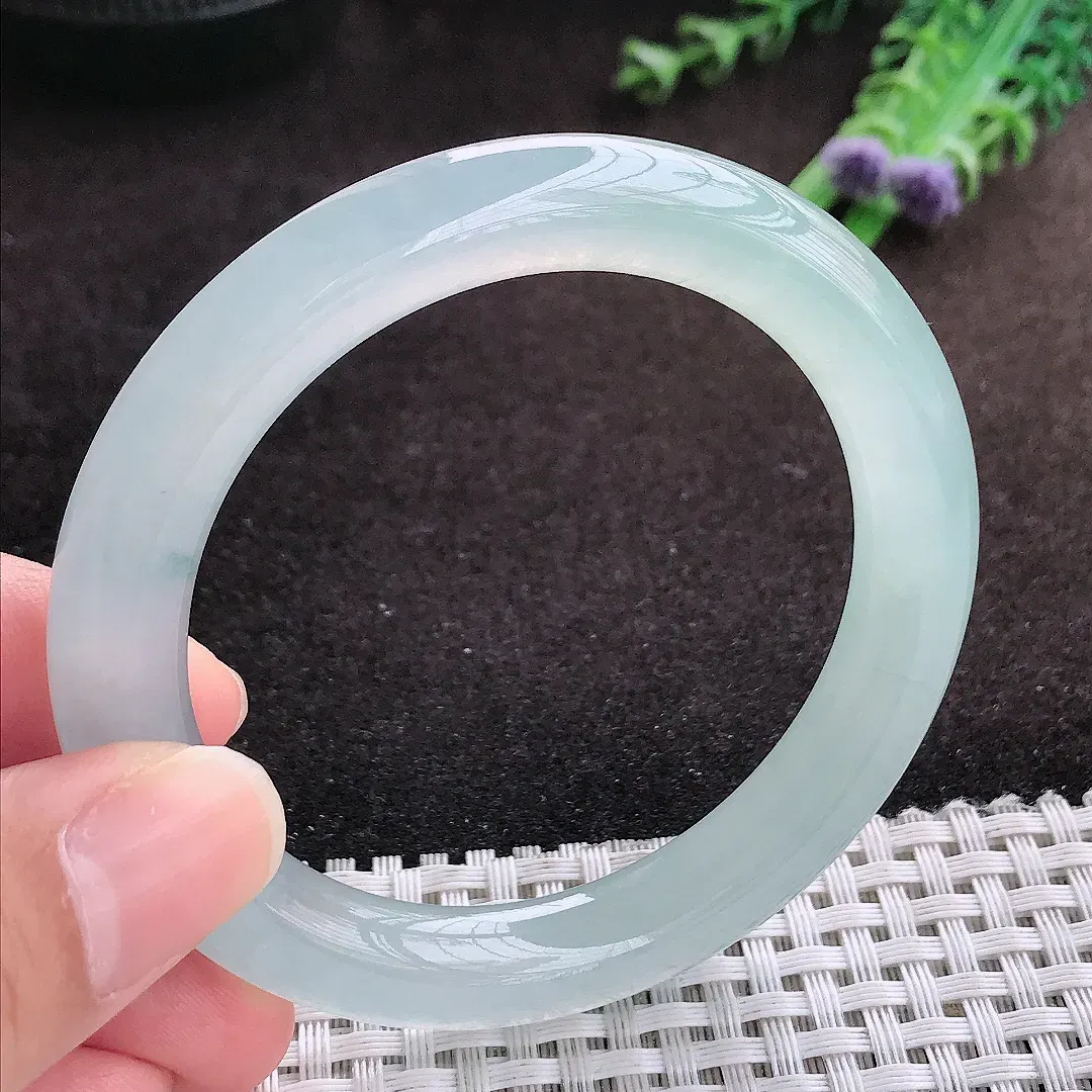 自然光53/9.3/9.5老坑冰种果冻胶冰晴圆条手镯宽边翡翠玉镯手环