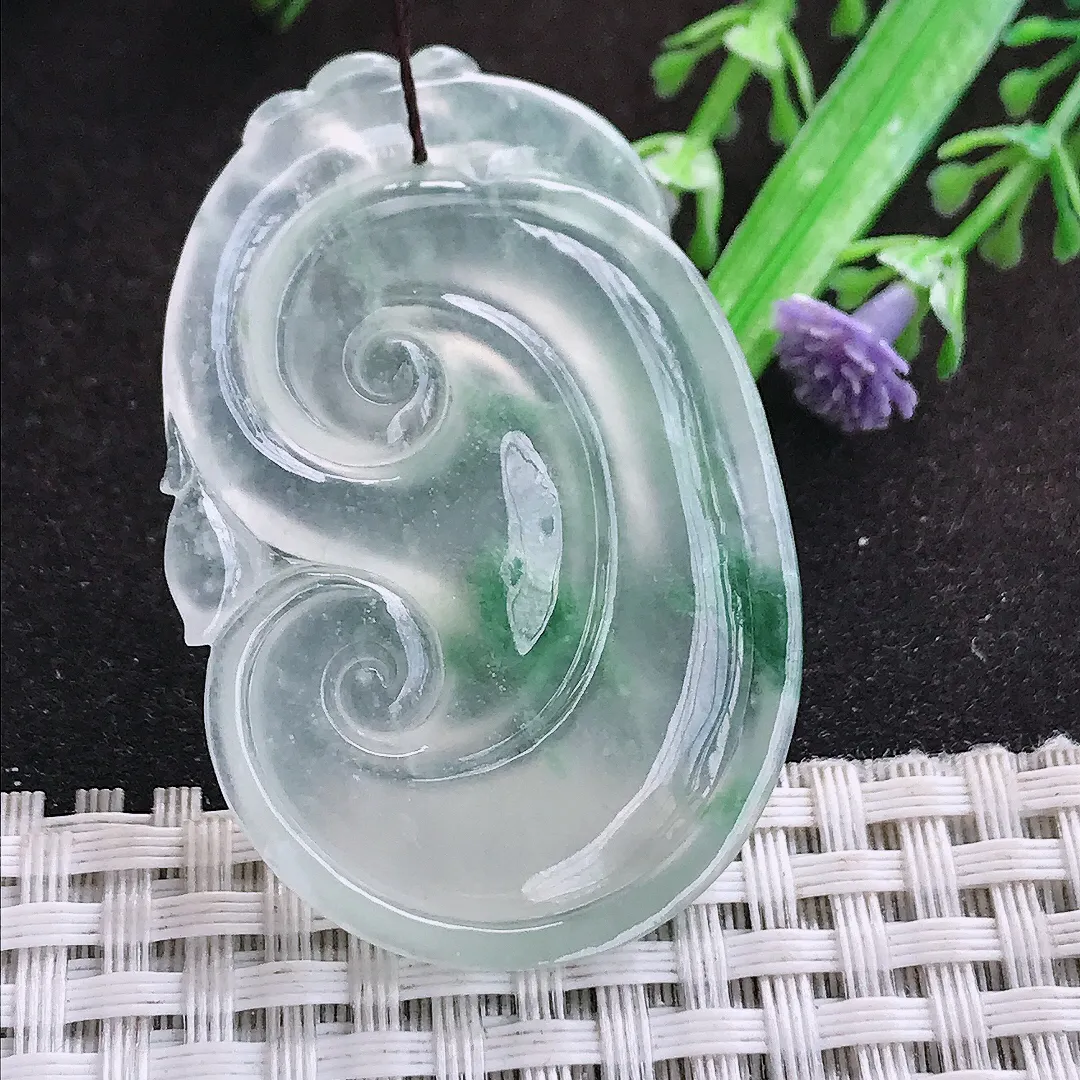 自然光48.3/31.8/4.8老坑高冰种果冻冰飘花如意吊坠翡翠玉坠挂件