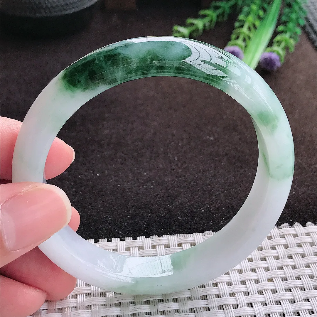 自然光58.5/12.9/8.3老坑精美温润飘花手镯宽边翡翠玉镯手环