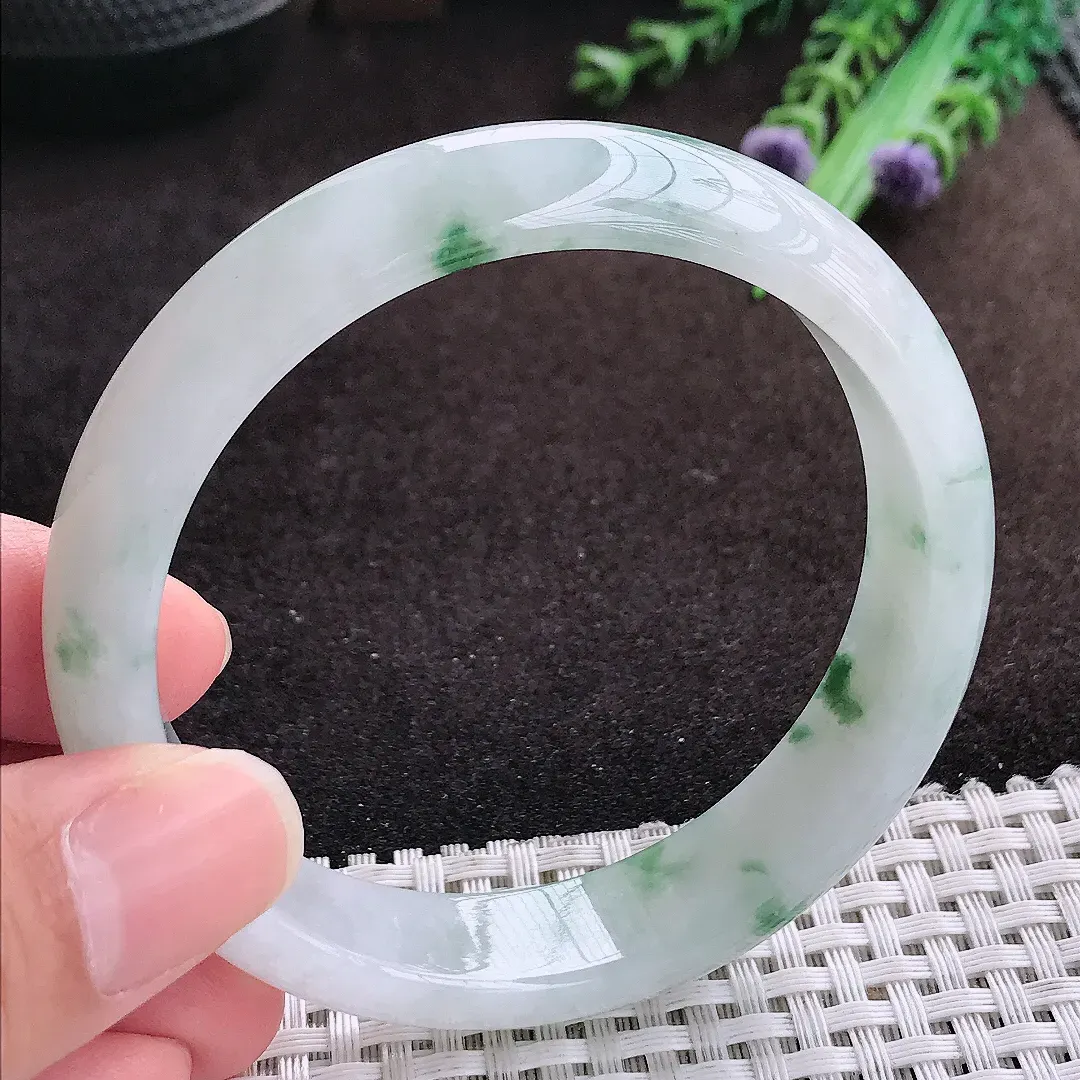 自然光58/13.8/7.4老坑冰胶水灵飘花手镯宽边翡翠玉镯手环