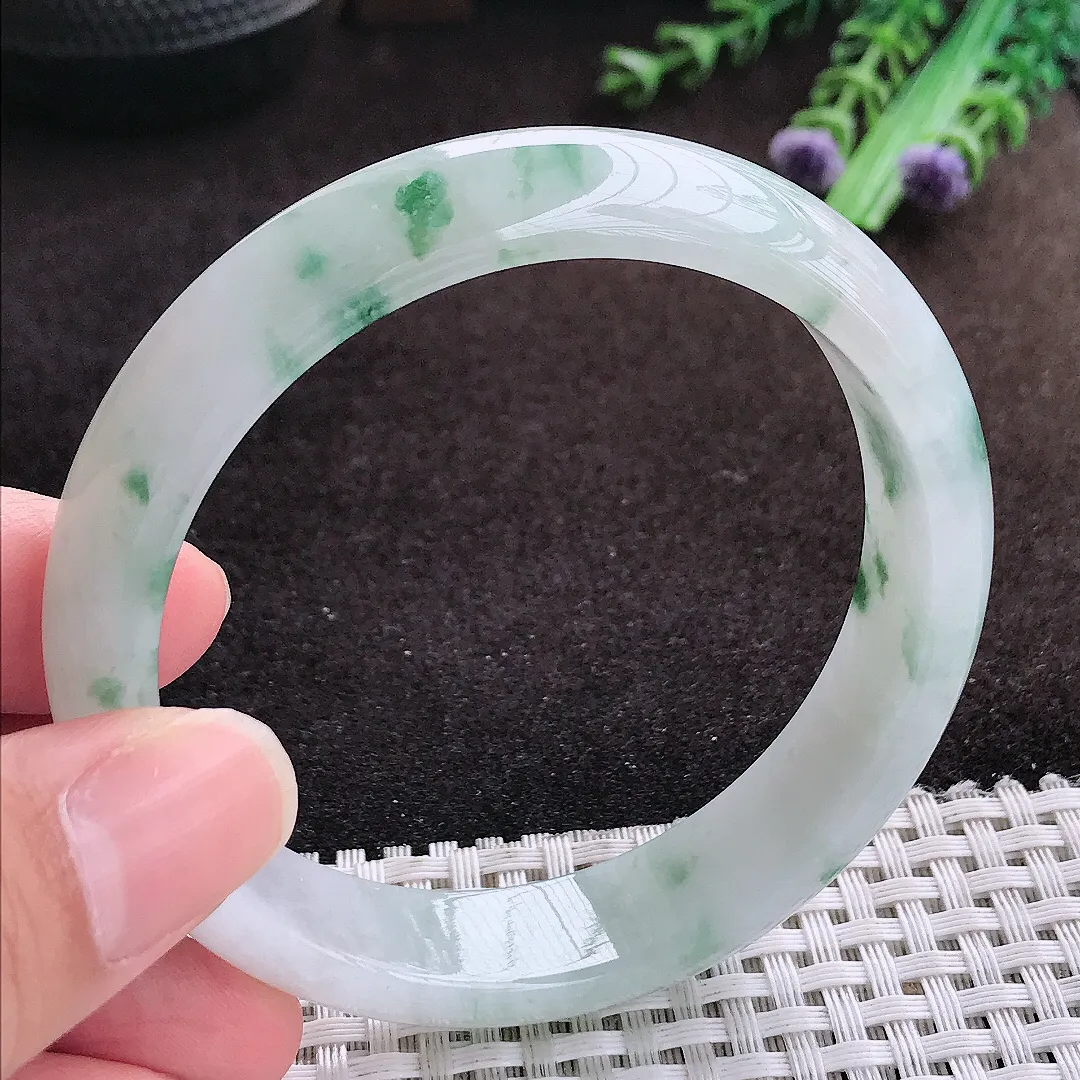 自然光58/13.8/7.4老坑冰胶水灵飘花手镯宽边翡翠玉镯手环