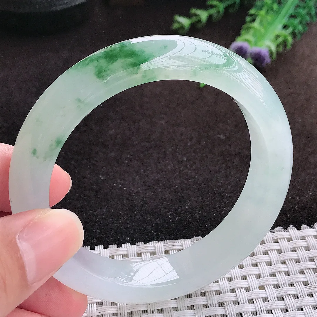 自然光55.5/12.5/9老坑冰胶果冻冰飘绿花手镯宽边翡翠玉镯手环