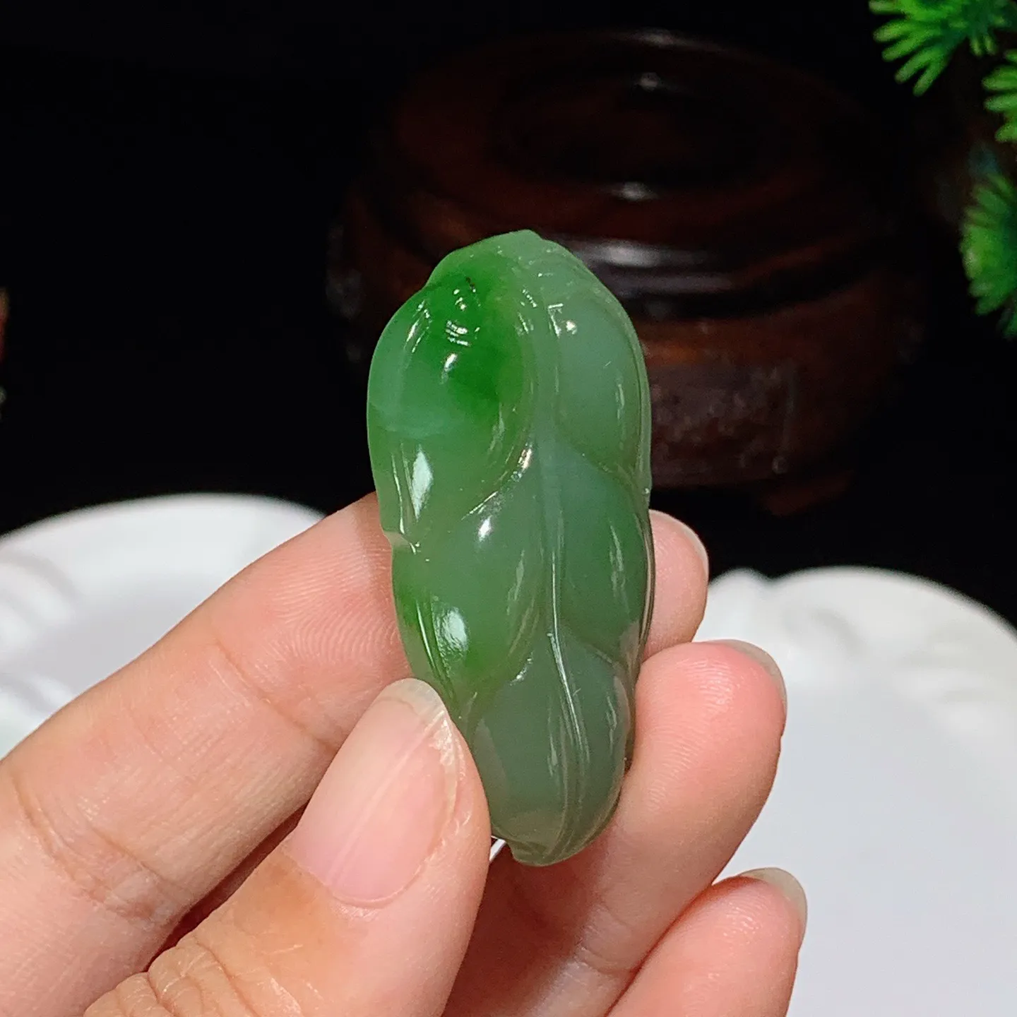 和田玉阳绿俄罗斯碧玉金枝玉叶树叶挂件。尺寸46/23/9重14克 玉质细腻油润 底色纯净 脂粉好，品质好。lt251027