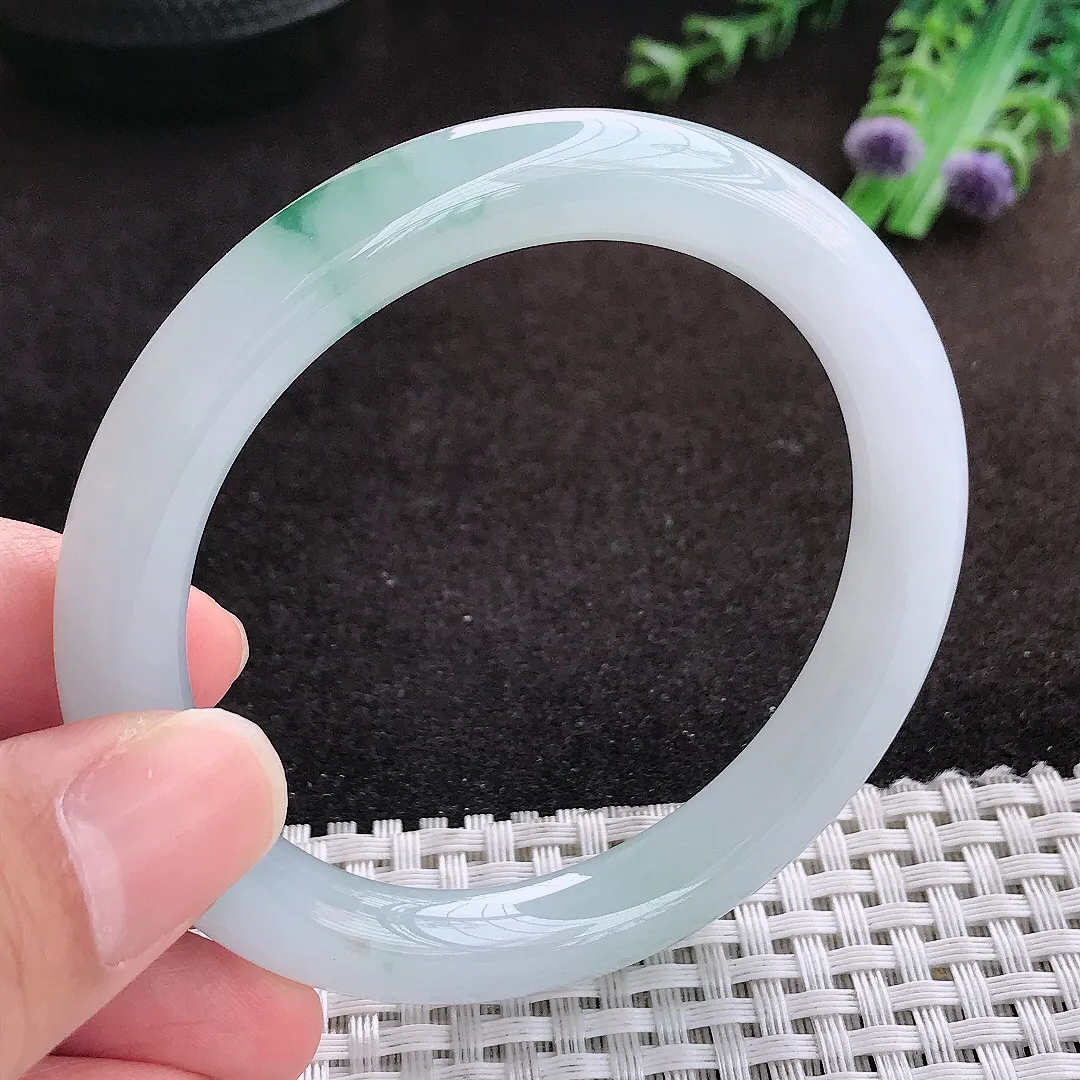 自然光54.5/9老坑冰胶果冻冰飘花圆条手镯翡翠玉镯手环