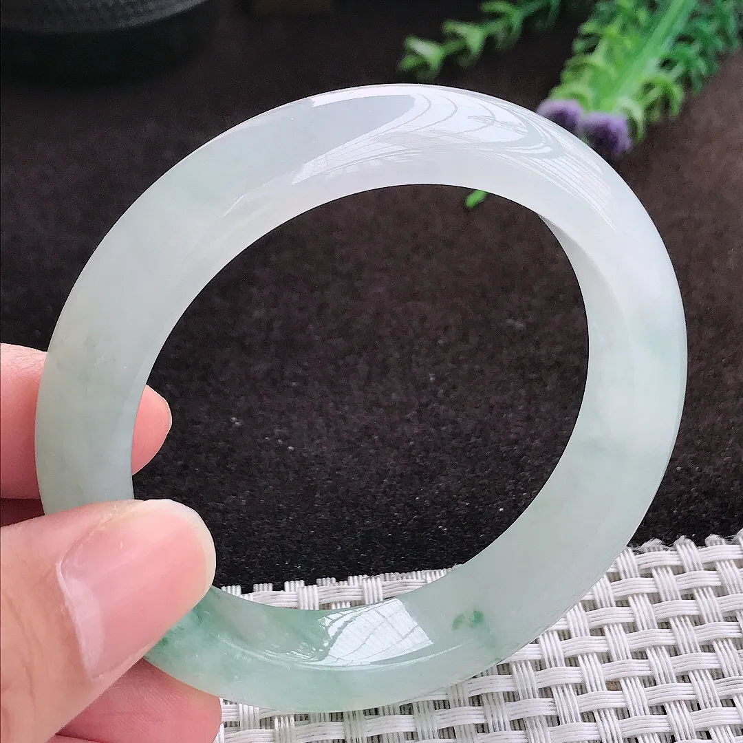 自然光55.5/12.5/9老坑冰胶果冻冰飘绿花手镯宽边翡翠玉镯手环