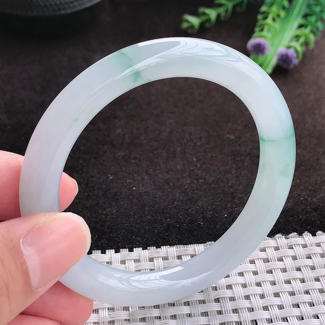 自然光54.5/9老坑冰胶果冻冰飘花圆条手镯翡翠玉镯手环