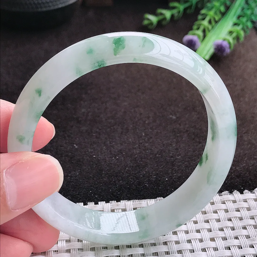 自然光58/13.8/7.4老坑冰胶水灵飘花手镯宽边翡翠玉镯手环