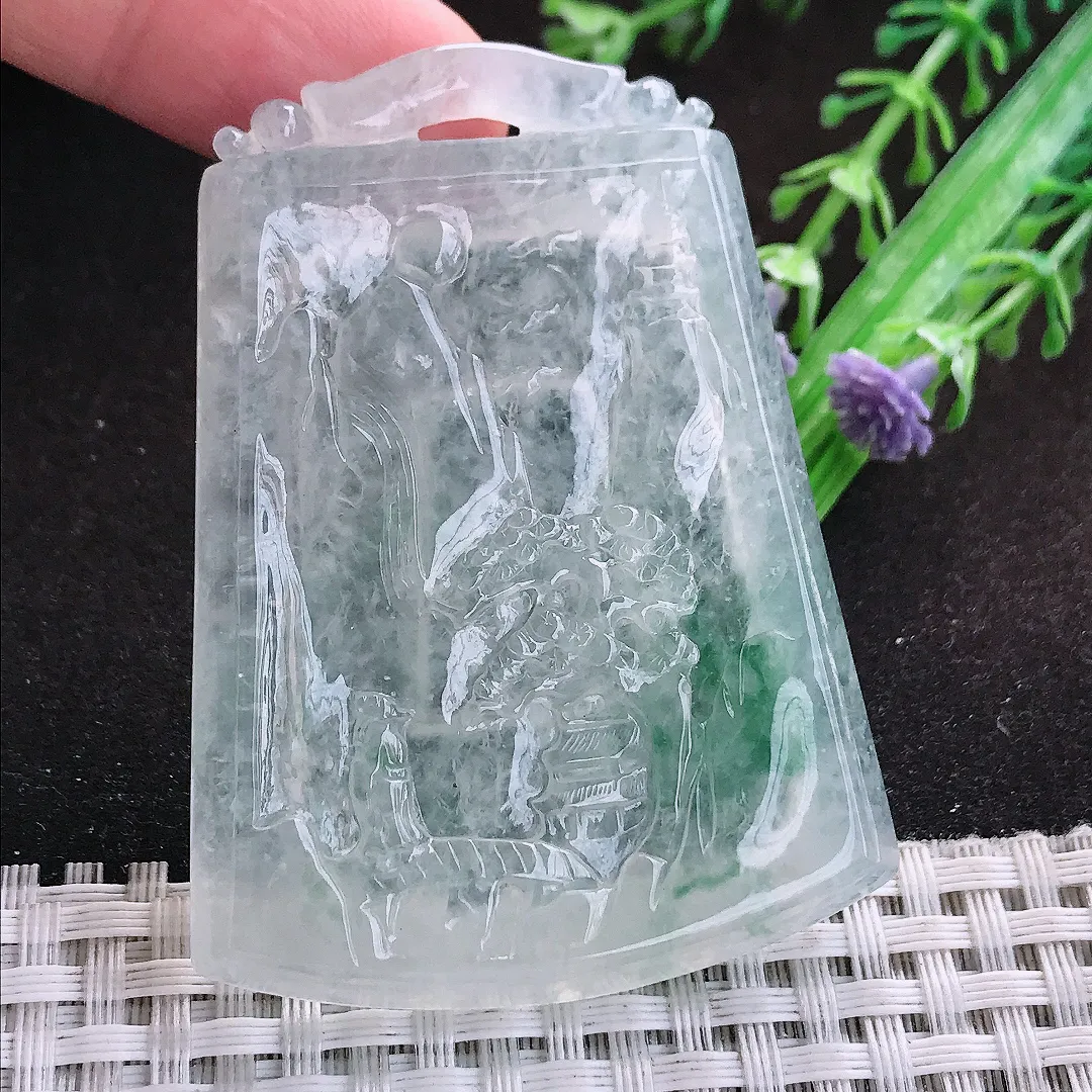 自然光61/45.7/6.5老坑冰种果冻胶飘花山水牌吊坠翡翠玉坠挂件