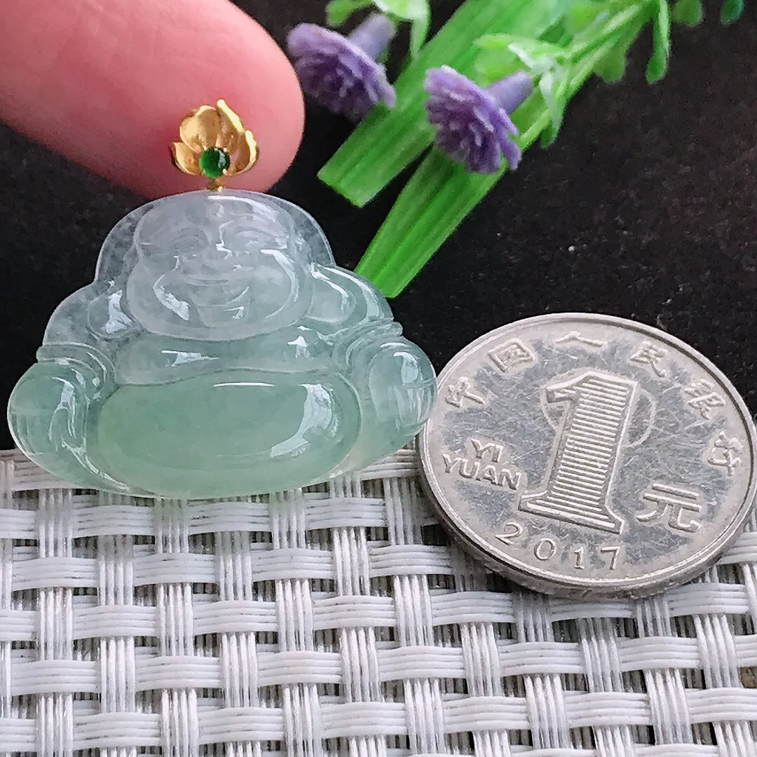 自然光22/30.6/4.7老坑18k金镶嵌冰胶果冻冰晴绿佛公吊坠翡翠玉坠挂件
