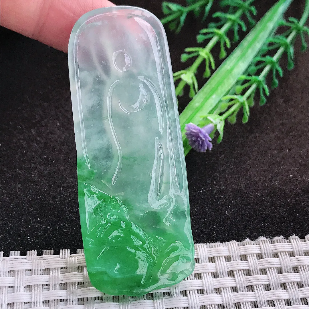 自然光69/26.6/7老坑冰种果冻飘阳绿赐福观音吊坠翡翠玉坠挂件