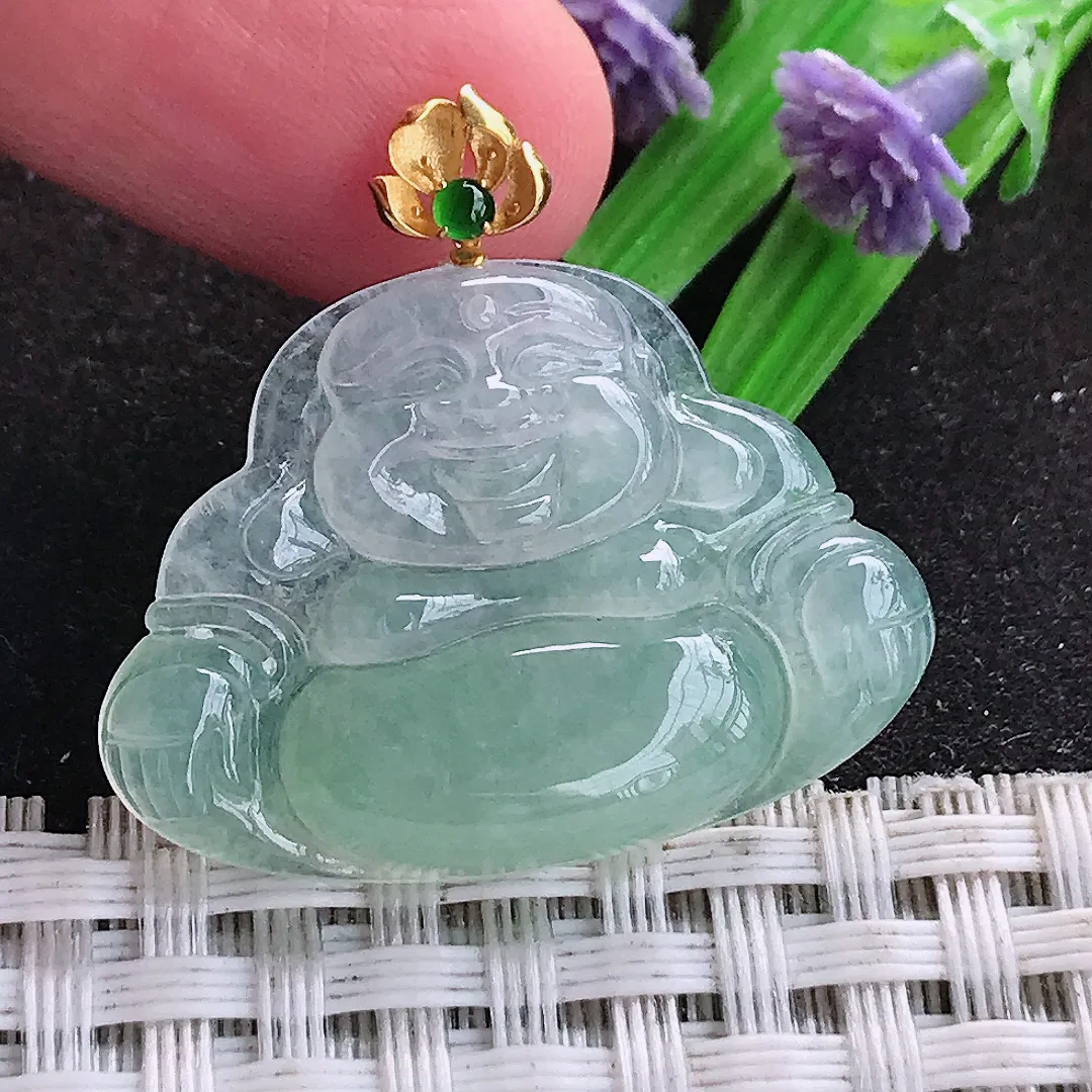 自然光22/30.6/4.7老坑18k金镶嵌冰胶果冻冰晴绿佛公吊坠翡翠玉坠挂件