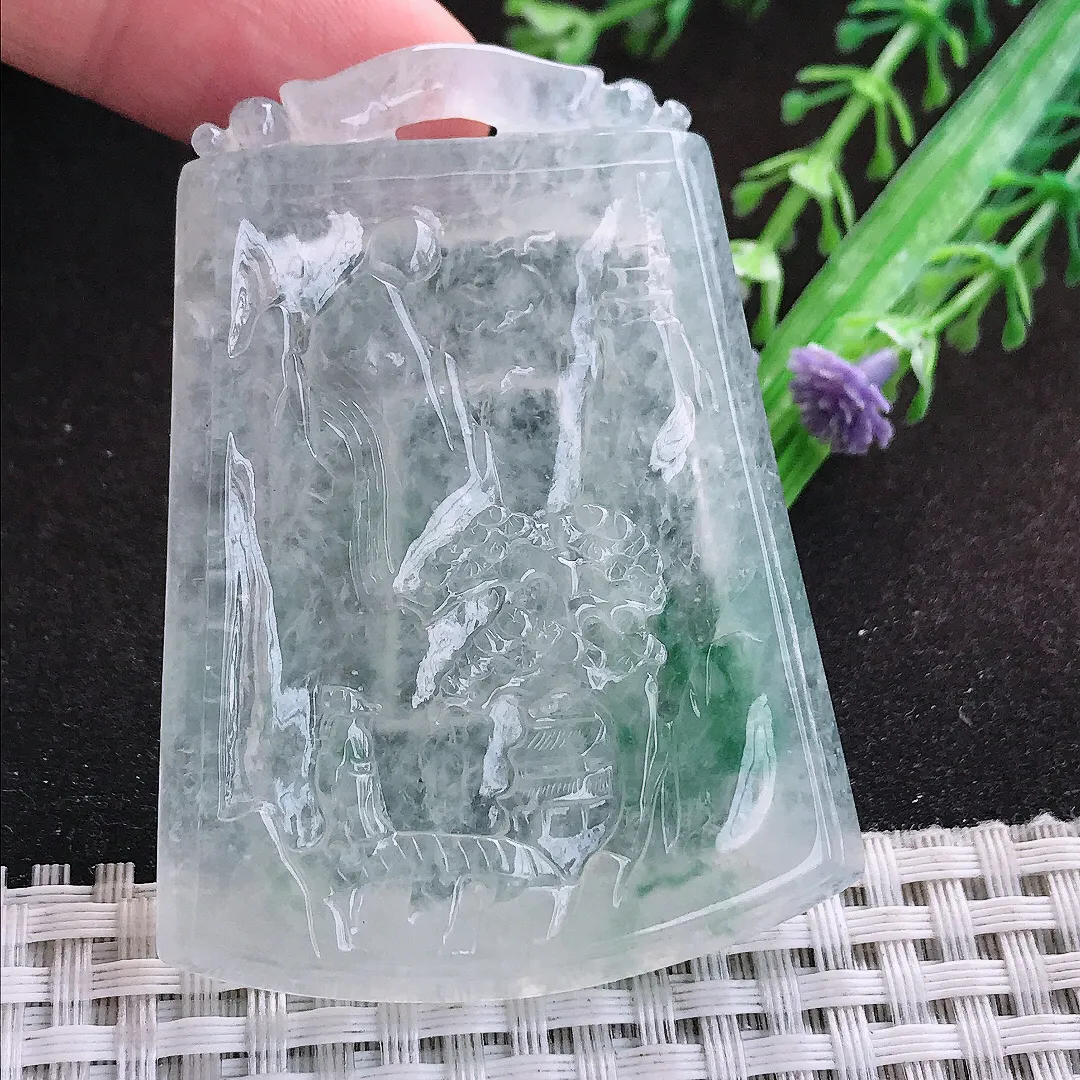 自然光61/45.7/6.5老坑冰种果冻胶飘花山水牌吊坠翡翠玉坠挂件