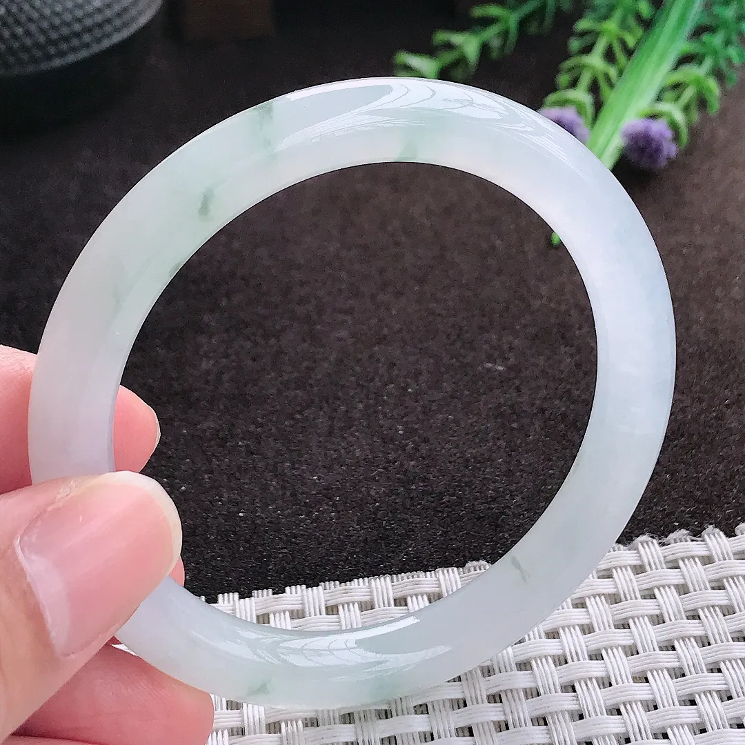 自然光54/8.2/8.3老坑冰透果冻胶飘花圆条手镯翡翠玉镯手环