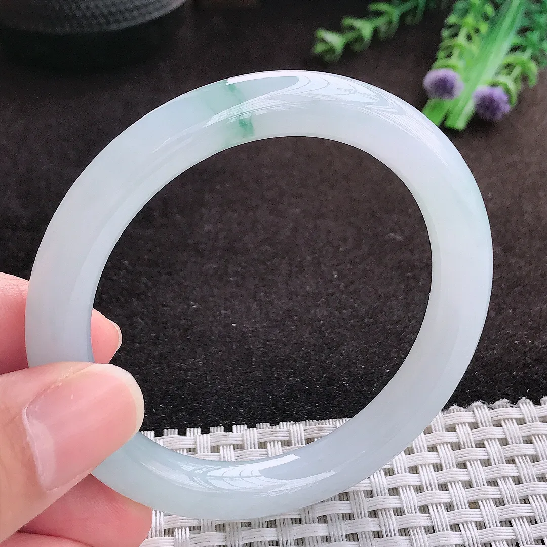自然光54.5/9老坑冰胶果冻冰飘花圆条手镯翡翠玉镯手环