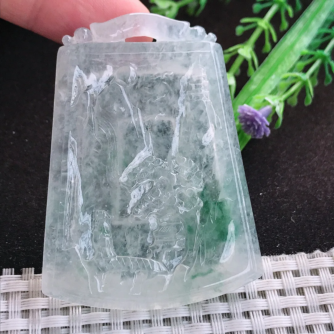 自然光61/45.7/6.5老坑冰种果冻胶飘花山水牌吊坠翡翠玉坠挂件