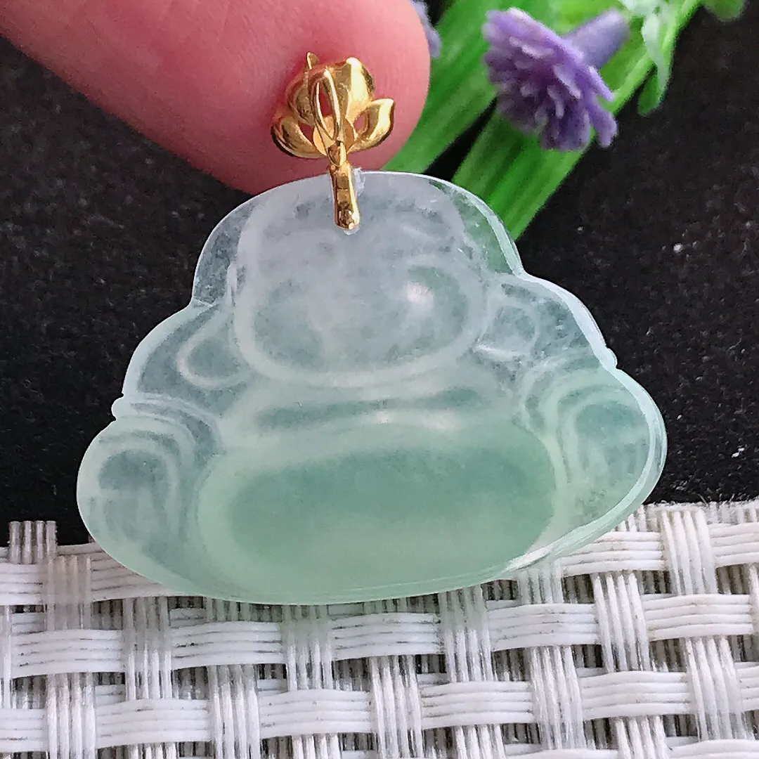 自然光22/30.6/4.7老坑18k金镶嵌冰胶果冻冰晴绿佛公吊坠翡翠玉坠挂件