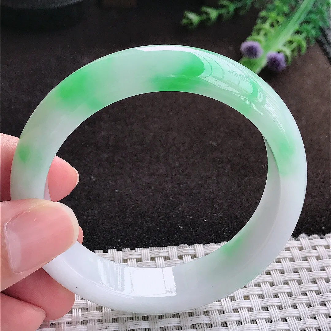 自然光57/14.2/8.5老坑冰润起胶白底青飘阳绿手镯宽边翡翠玉镯手环