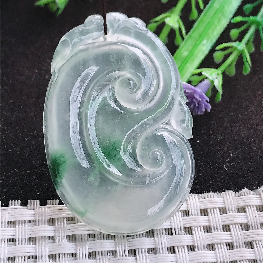 自然光48.3/31.8/4.8老坑高冰种果冻冰飘花如意吊坠翡翠玉坠挂件