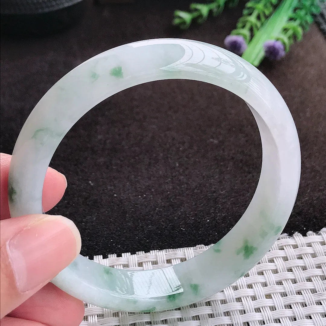 自然光58/13.8/7.4老坑冰胶水灵飘花手镯宽边翡翠玉镯手环