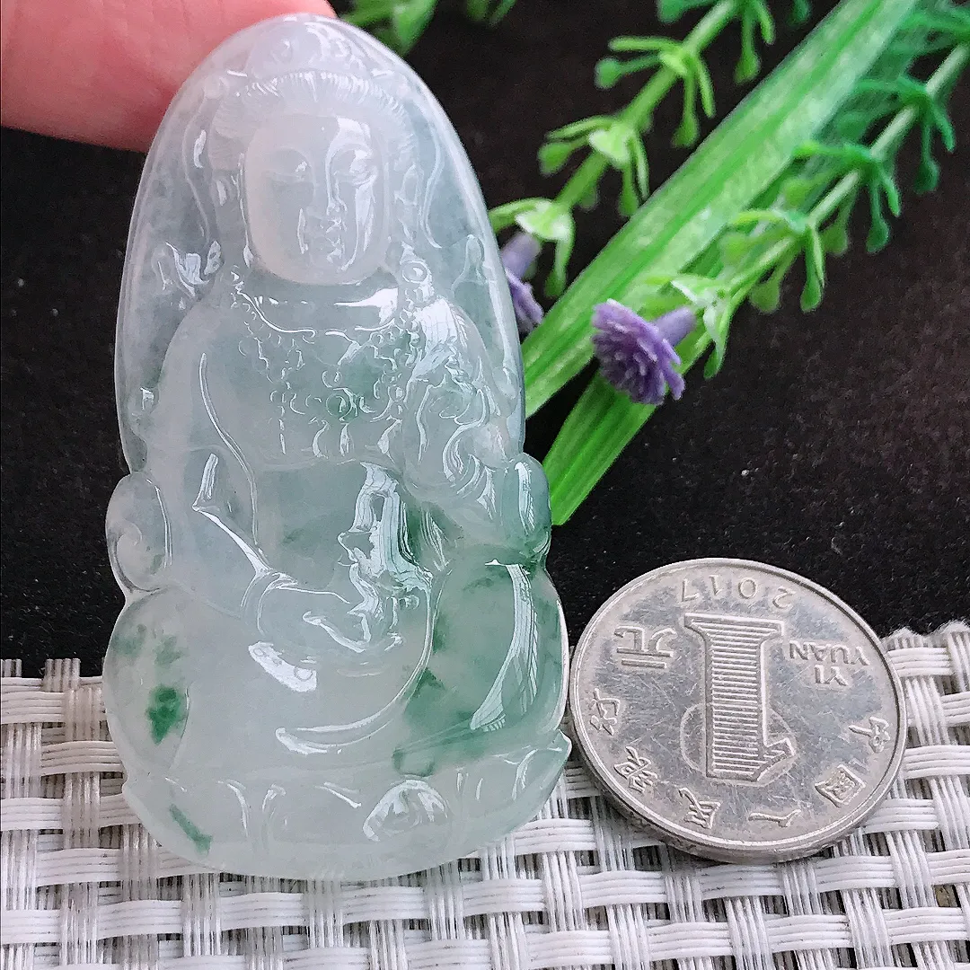 自然光61.8/32.5/7.5老坑冰胶果冻飘花观音菩萨吊坠翡翠玉坠挂件